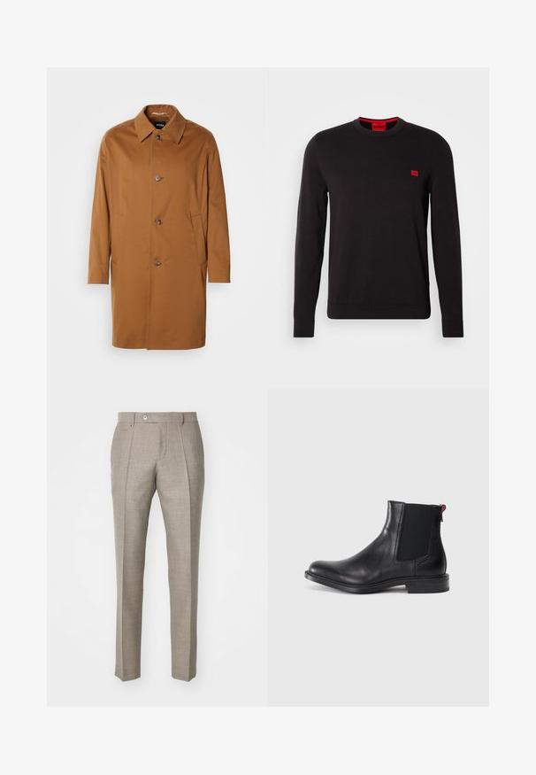Brun trenchcoat med krave, to sidelommer og tre frontknapper. Fremstillet af glat stof og med et lige snit.; Sort crewneck sweatshirt lavet af blødt stof, med lange ærmer, ribbede manchetter og et lille rødt logo-patch på brystet.; Beige skræddersyede bukser med en tekstureret overflade, der har en knaplukning og to sidelommer. Struktureret design med et lige ben-silhuet.; Sort læder Chelsea-støvle med elastiske sidepaneler, afrundet tå og lav, stablet hæl. Har en rød løftestrop og subtil branding på siden.