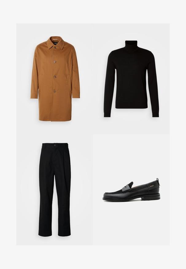 Brauner Trenchcoat mit Kragen, zwei Seitentaschen und drei vorderen Knöpfen. Hergestellt aus glattem Stoff, mit einem geraden Schnitt.; Schwarzer Rollkragenpullover aus feiner Strickware, mit langen Ärmeln und taillierter Silhouette. Glatte Textur mit gerippten Bündchen.; Schwarze gerade geschnittene Hosen mit einem Knopfverschluss, Gürtelschlaufen und Vorderfalten, vor einem schlichten weißen Hintergrund präsentiert.; Schwarzer Lederloafer mit grauem Riemendetail, niedrigem Absatz und strukturierter Sohle, seitlich mit „HUGO“ in Gold gebrandmarkt.