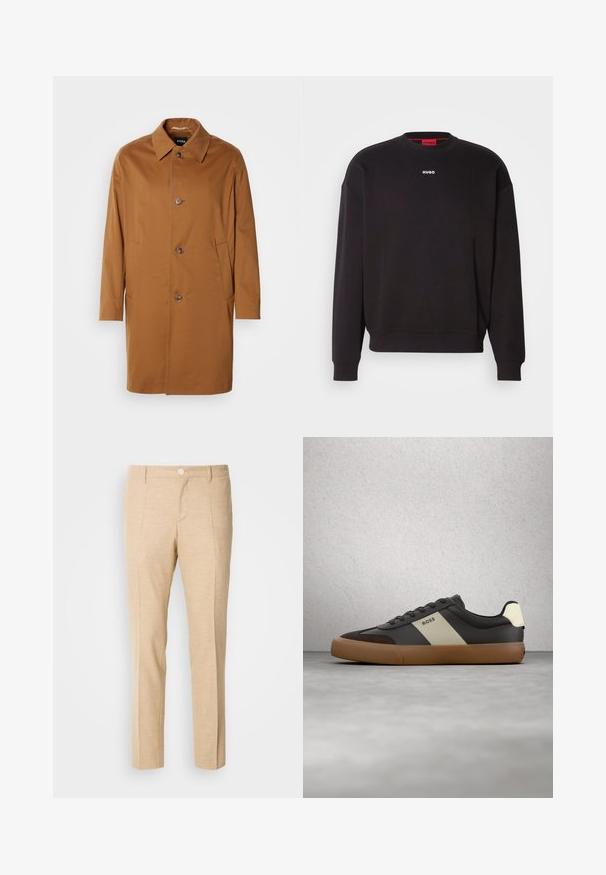 Brauner Trenchcoat mit Kragen, zwei Seitentaschen und drei vorderen Knöpfen. Hergestellt aus glattem Stoff, mit einem geraden Schnitt.; Schwarzes Sweatshirt aus Baumwollmischung mit Rundhalsausschnitt, überschnittenen Schultern und einem kleinen weißen "HUGO"-Logo auf der Brust.; Beige maßgeschneiderte Hosen aus strukturierter Stoff, mit geradem Bein-Design, vorderen Falten und einem einzigen Knopfverschluss an der Taille.; Schwarzer und brauner Sneaker mit beigem Streifen und "BOSS"-Logo, schwebt über grauem Betonboden vor Glasbausteinwand.