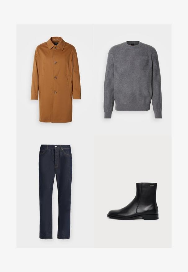 Abrigo trench marrón con cuello, dos bolsillos laterales y tres botones en la parte delantera. Está hecho de una tela suave y presenta un diseño de corte recto.; Suéter de punto acanalado gris de manga larga con cuello redondo y puños acanalados, presentado sobre un fondo blanco liso.; Vaqueros de mezclilla azul oscuro de corte recto, con cierre frontal de botón y cremallera, trabillas para el cinturón y bolsillos delanteros y traseros.; Botín negro de cuero con tacón bajo, costura lateral y pequeño logo "HUGO" en el puño superior sobre un fondo liso.