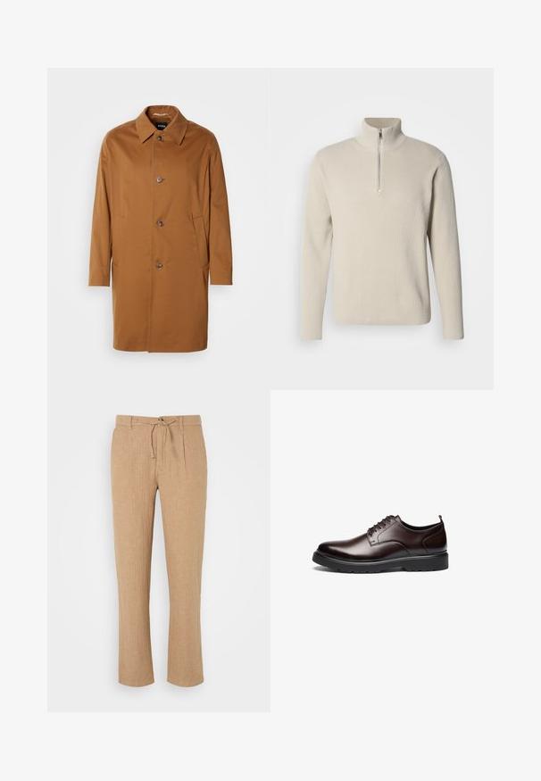 Brauner Trenchcoat mit Kragen, zwei Seitentaschen und drei vorderen Knöpfen. Hergestellt aus glattem Stoff, mit einem geraden Schnitt.; Cremefarbener, gerippter Pullover mit hohem Kragen und halbhohem Reißverschluss. Hergestellt aus strukturiertem Stoff, mit langen Ärmeln und lockerem Sitz.; Beige Leinenhosen mit geradem Bein, Kordelzugbund und dezent strukturiertem Finish. Vorderfalten verleihen dem klassischen Stil Detail.; Braune Leder-Schnürschuhe mit einem eleganten Design, runder Zehenpartie, kontrastierender schwarzer Gummisohle und minimal sichtbaren Nähten.