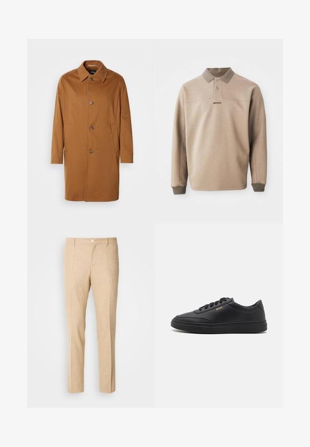 Brun trenchcoat med krave, to sidelommer og tre frontknapper. Fremstillet af glat stof og med et lige snit.; Beige polo t-shirt lavet af blød stof, med ribbede krave og manchetter, to knapper og et diskret logo foran.; Beige skræddersyede bukser med en struktureret stof, lige ben-design, frontklapper og en enkelt knaplukning i taljen.; Sorte lædersneakers med en glat overflade, rund tå, flad gummisål og tonede snørebånd. Udstyret med guld "BOSS" branding på siden.