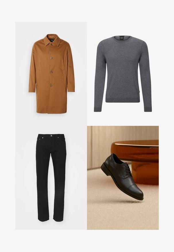 Brun trenchcoat med krave, to sidelommer og tre frontknapper. Fremstillet af glat stof og med et lige snit.; Grå crew-neck sweater lavet af blødt strikket stof. Den har lange ærmer, ribbede manchetter og kant, samt et lille logo-mærke på siden.; Sorte denimjeans med lige ben, fem-lomme design og metalknaplukning i taljen. Glat tekstur, ingen synlige mønstre.; Sort formel oxfordskind sko med snørebånd, der svæver over et beige tæppe, med et rundt brunt bord i baggrunden.