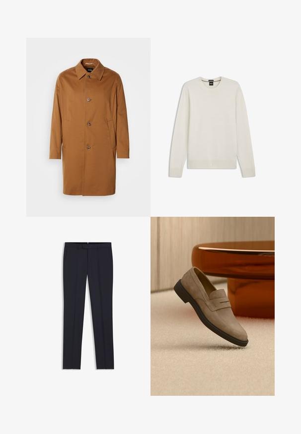 Brauner Trenchcoat mit Kragen, zwei Seitentaschen und drei vorderen Knöpfen. Hergestellt aus glattem Stoff, mit einem geraden Schnitt.; Langärmliger, cremefarbener Pullover mit Rundhalsausschnitt, gerippten Bündchen und Saum, mit Boss-Label, auf weißem Hintergrund dargestellt.; Schwarze, schmal geschnittene, maßgeschneiderte Anzughose mit Gürtelschlaufen und Vordertaschen, flach auf weißem Hintergrund gelegt.; Beiger Wildleder-Slipper mit schwarzer Sohle, der über einem hellen Teppichboden schwebt, neben einem glänzenden braunen ovalen Couchtisch in einem modernen Raum.