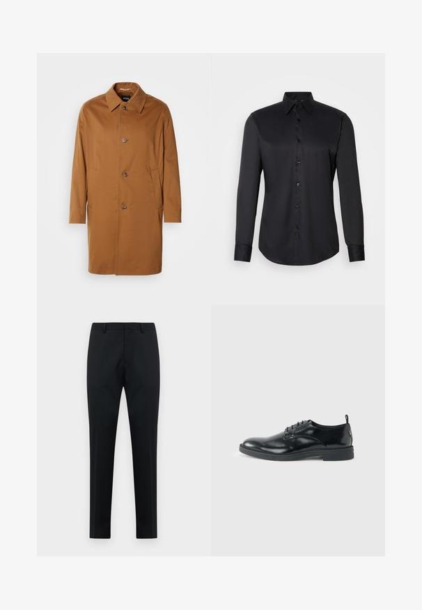 Brauner Trenchcoat mit Kragen, zwei Seitentaschen und drei vorderen Knöpfen. Hergestellt aus glattem Stoff, mit einem geraden Schnitt.; Schwarze Hemdbluse aus glattem Stoff, mit klassischem Kragen, langen Ärmeln und Knopfverschluss auf der Vorderseite.; Schwarze maßgeschneiderte Herren-Anzughose mit Gürtelschlaufen, flachem Vorderteil und geraden Beinen auf weißem Hintergrund.; Glänzender schwarzer Lederschuh mit niedrigem Absatz, Schnürverschluss und runder Kappe, seitlich auf hellem, schlichten Hintergrund gezeigt.