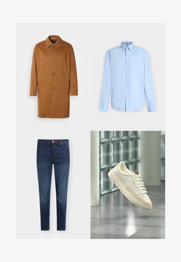 Abrigo trench marrón con cuello, dos bolsillos laterales y tres botones en la parte delantera. Está hecho de una tela suave y presenta un diseño de corte recto.; Camisa azul clara de manga larga con botones, cuello abotonado y botones blancos, mostrada sobre un fondo liso y claro.; Vaqueros ajustados de color azul oscuro con bolsillos delanteros, trabillas para cinturón, cierre de botón y un sutil desgaste en los muslos y las rodillas.; Zapatilla blanca de perfil bajo con detalles y cordones beige, con la marca "BOSS", flotando sobre un suelo pulido con una pared de bloques de vidrio al fondo.