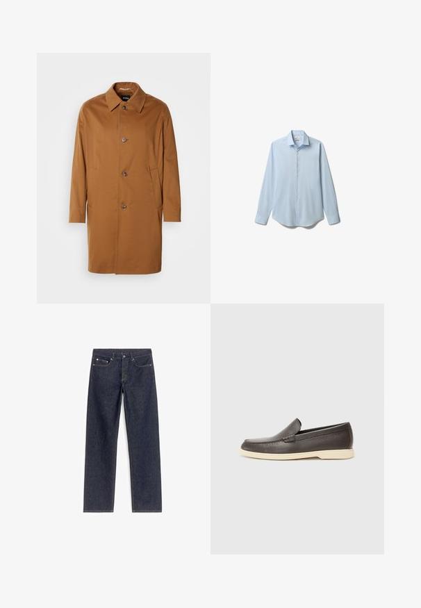 Brun trenchcoat med krave, to sidelommer og tre frontknapper. Fremstillet af glat stof og med et lige snit.; Lyseblå langærmet skjorte med knapper og spidst krave, vist fladt på en hvid baggrund.; Mørkeblå denim jeans med lige ben-design, der har fem lommer og kontrasterende gyldne syninger. Ingen udsmykninger eller mønstre.; Brune læder slip-on sko med en struktureret overflade og en kontrasterende lys beige sål, der har en rund tå og minimal syning.