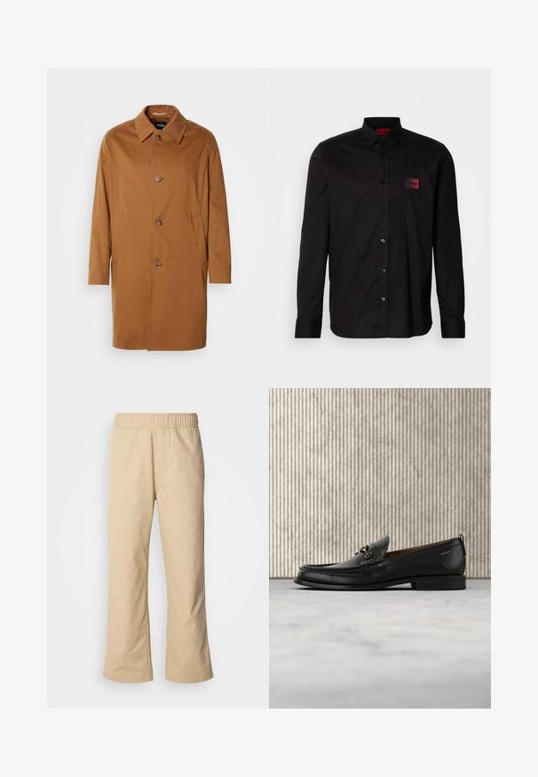 Brun trenchcoat med krave, to sidelommer og tre frontknapper. Fremstillet af glat stof og med et lige snit.; Sort langærmet skjorte lavet af glat stof, med knaplukning, klassisk krave og en lille rød mærke-patch på brystet.; Beige vidde bukser med elastisk talje, lavet af glat bomuldsstof, med sidelommer og en lige silhuet.; Sort læderloafers med guldfarvet metaldekoration og "HUGO" branding, vist mod en beige tæppe og brunt gennemsigtigt møbel.