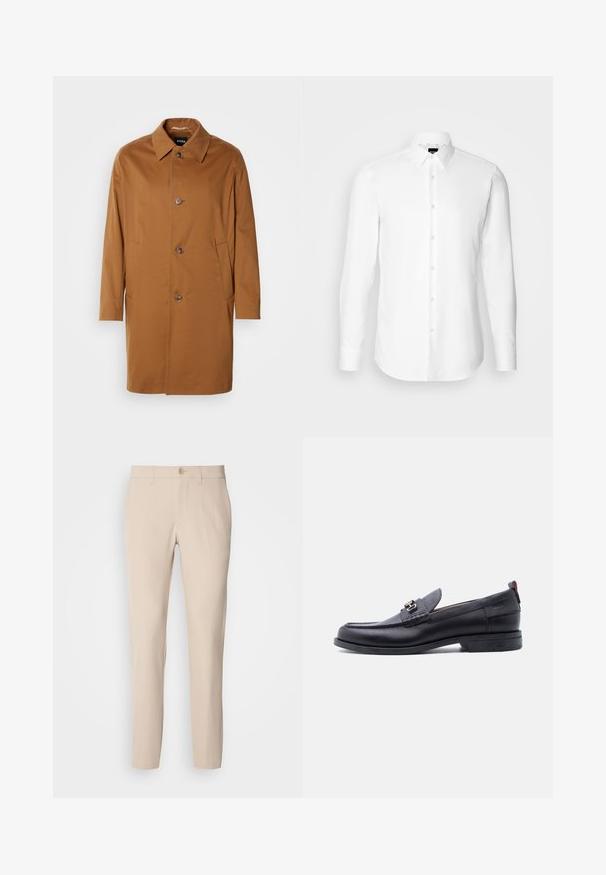 Abrigo trench marrón con cuello, dos bolsillos laterales y tres botones en la parte delantera. Está hecho de una tela suave y presenta un diseño de corte recto.; Camisa blanca de manga larga, con cierre de botones en el frente, cuello clásico, confeccionada con una tela suave con una textura sutil, diseñada para un ajuste entallado.; Pantalones beige hechos de una tela suave, con cierre de botón, corte recto y bolsillos laterales. Textura suave con detalles de costura mínimos.; Mocasín de cuero negro con empeine gris texturizado, detalle de hebilla metálica plateada, tacón bajo y lengüeta para tirar en la parte trasera.