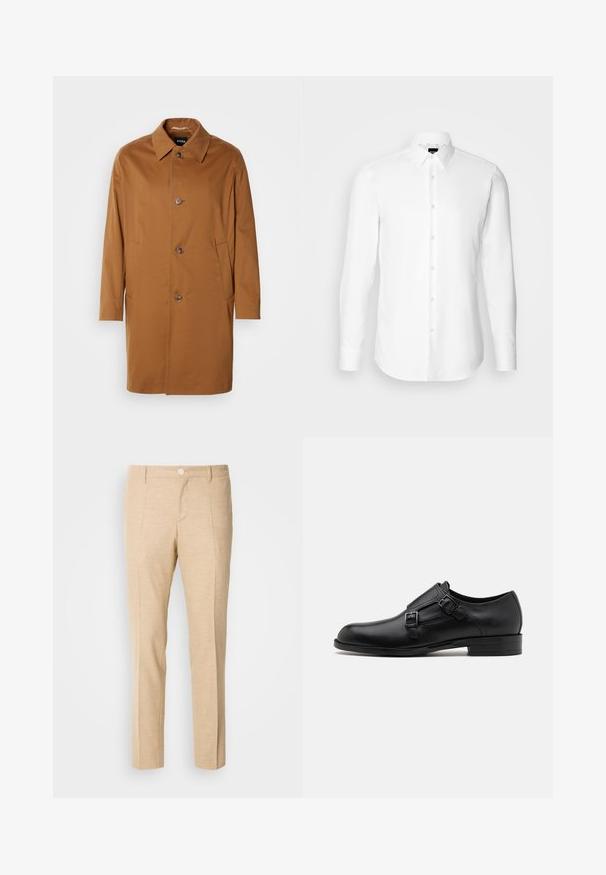 Pruun trench coat kraega, kahe külgtasku ja kolme esimbutiga. Valmistatud siledast kangast, sirge lõikega.; Valge pikkade varrukatega särk, esiküljel nööpidega, klassikalise kraega, valmistatud siledast kangast, millel on peen tekstuur, loodud vormis olemiseks.; Beeži kohandatud püksid tekstureeritud kangast, sirge jala kujunduse, esiplekid ja üksik nööp kinnitamiseks vöökoht.; Musta nahast kleitking, kus on kaks pandlat, voolava silueti ja ümarate varvastega. Omab madalat kontsa ja siledat tekstuuri.