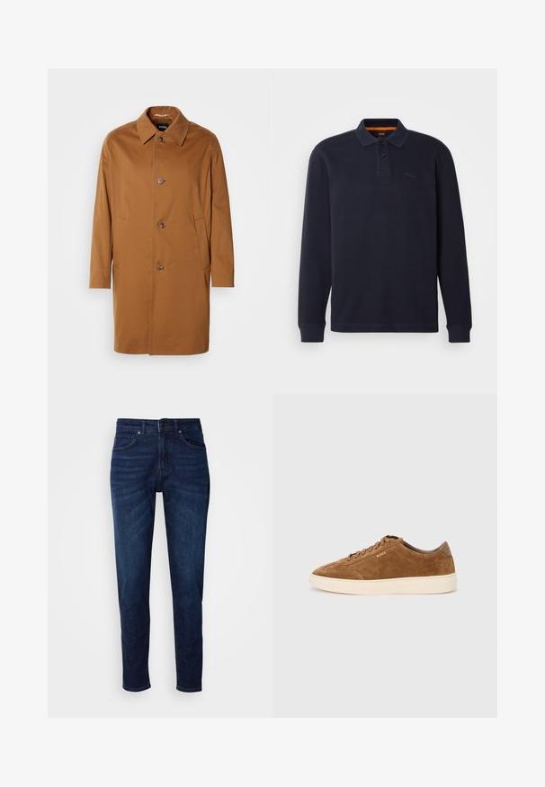 Brauner Trenchcoat mit Kragen, zwei Seitentaschen und drei vorderen Knöpfen. Hergestellt aus glattem Stoff, mit einem geraden Schnitt.; Marineblaue langärmelige Poloshirt aus strukturiertem Stoff mit einer Knopfleiste am Hals. Verfügt über ein kleines gesticktes Logo auf der Brust.; Dunkelblaue Jeans aus Denim mit geradem Bein, ausgestattet mit Taschen und einem Knopfverschluss an der Taille. Weiche Textur, minimale Ausbleichungen.; Brauner Wildleder-Sneaker mit abgerundeter Spitze, cremefarbener Gummisohle und tonalen Schnürsenkeln. Verfügt über ein eingeprägtes Logo an der Seite und eine glatte Rückseite.