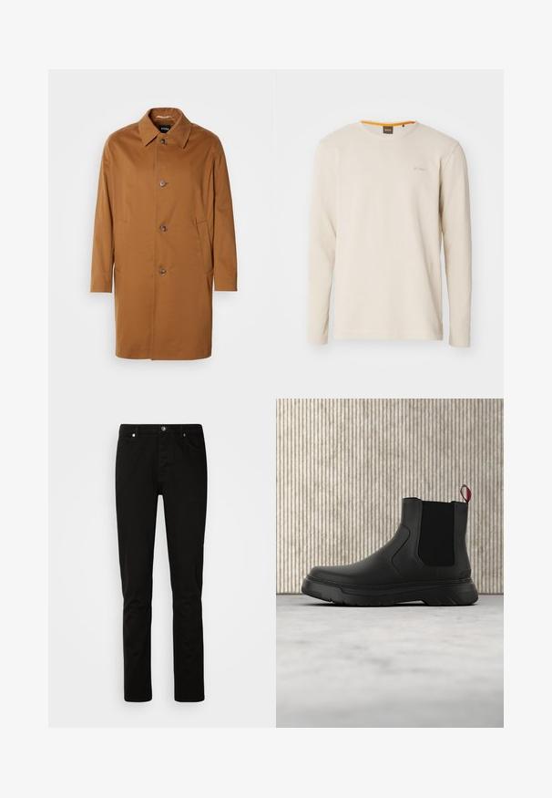 Brun trenchcoat med krave, to sidelommer og tre frontknapper. Fremstillet af glat stof og med et lige snit.; Lys beige langærmet t-shirt lavet af struktureret stof. Har en rund hals og et lille logo på brystet med en orange detalje indeni kraven.; Sorte jeans med lige ben med foran knap- og lynlåslukning, for- og baglommer, vist på en lys ensartet baggrund.; Sort ankelstøvle med en glat overflade, elastiske sidepaneler og en kontrasterende rød træksløjfe, der har en tyk gummisål og rund tå.
