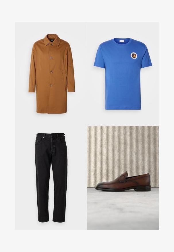 Abrigo trench marrón con cuello, dos bolsillos laterales y tres botones en la parte delantera. Está hecho de una tela suave y presenta un diseño de corte recto.; Camiseta de algodón azul con mangas cortas, que presenta un logo redondo en blanco, amarillo y negro en la parte izquierda del pecho. Cuello redondo, corte regular.; Jeans de mezclilla negra con diseño de pierna recta, cinco bolsillos y cierre de botón de metal. El material tiene una textura suave con un desvanecimiento mínimo.; Mocasín de cuero marrón para hombre con parte delantera perforada y detalle de correa, ubicado sobre una alfombra beige, con una mesa redonda brillante de color marrón en el fondo.