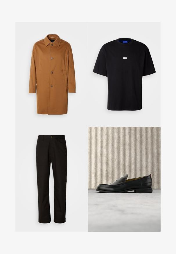 Abrigo trench marrón con cuello, dos bolsillos laterales y tres botones en la parte delantera. Está hecho de una tela suave y presenta un diseño de corte recto.; Camiseta de algodón negra con cuello redondo, mangas cortas y un logo rectangular blanco "HUGO" en el pecho. Textura suave, corte relajado.; Pantalones de algodón negros con corte recto, presillas para el cinturón, cremallera frontal y un solo botón de cierre. Textura suave sin patrones visibles.; Mocasín de cuero negro para hombre con empeine grabado en relieve de cocodrilo y tacón bajo, mostrado de perfil sobre un fondo neutro.