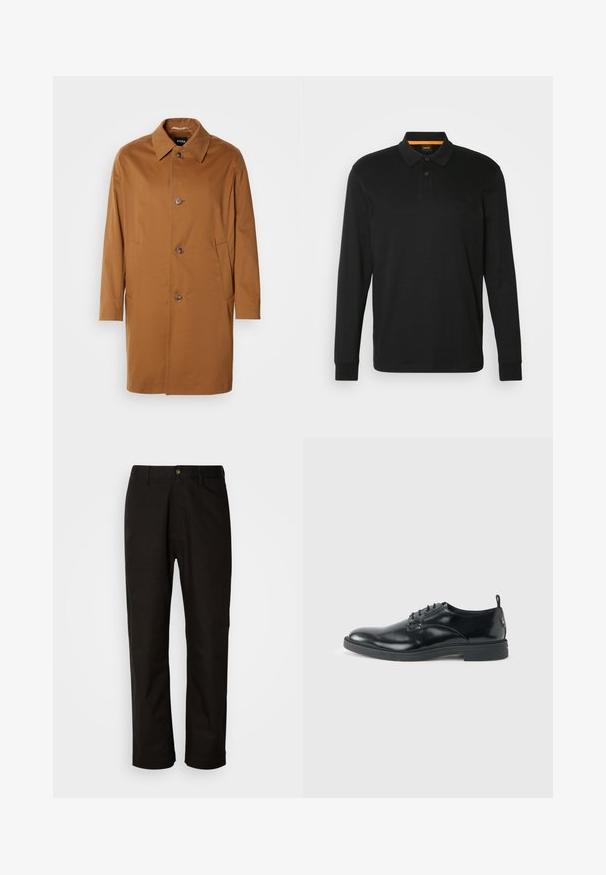 Brun trenchcoat med krave, to sidelommer og tre frontknapper. Fremstillet af glat stof og med et lige snit.; Sort langærmet polo shirt lavet af bomuld. Har en klassisk krave, to-knaps placket og præget logo på brystet.; Sorte bomuldsbukser med lige pasform, bæltestropper, lynlås foran og en enkelt knappelukning. Glat tekstur uden synlige mønstre.; Blank sort læder dresssko med lav hæl, snørelukning og rund tå, vist fra siden på ensfarvet lys baggrund.