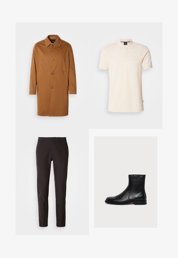 Abrigo trench marrón con cuello, dos bolsillos laterales y tres botones en la parte delantera. Está hecho de una tela suave y presenta un diseño de corte recto.; Camisa polo beige de algodón, con cuello y tapeta de dos botones. Logo "BOSS" bordado en el pecho, mangas cortas, diseño simple.; Pantalones negros de tela suave, con corte recto, cinturilla estándar con cierre de botón y sin bolsillos o patrones visibles.; Bota de piel negra lisa hasta el tobillo con tacón bajo y cremallera lateral, etiquetada con Hugo cerca del borde superior.