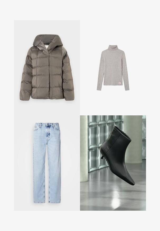 Veste de doudoune grise matelassée avec grande capuche et fermeture à pression à l'avant, présentée sur un fond blanc uni.; Pull à col roulé côtelé gris clair à manches longues avec un petit écusson du logo CK rouge et blanc près de l'ourlet inférieur.; Jeans large bleus clairs en denim, avec une taille haute, un lavage décoloré et un motif tie-dye subtil à l'avant.; Bottine en cuir noir à bout pointu et petit talon kitten, présentée en angle devant un sol poli et un mur en blocs de verre.
