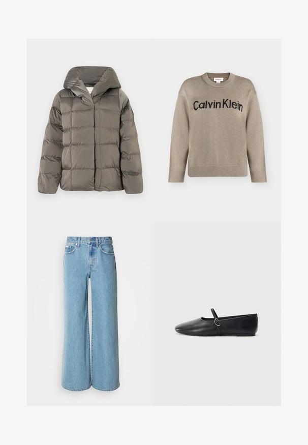 Veste de doudoune grise matelassée avec grande capuche et fermeture à pression à l'avant, présentée sur un fond blanc uni.; Pull en tricot beige à manches longues avec poignets et ourlet côtelés, portant le logo "Calvin Klein" noir sur la poitrine.; Jean large bleu clair en denim, avec une taille haute, un design à cinq poches et un léger dégradé sur le tissu.; Ballerines noires en cuir avec un bout pointu, une semelle plate et une petite sangle avec un détail de boucle en argent.