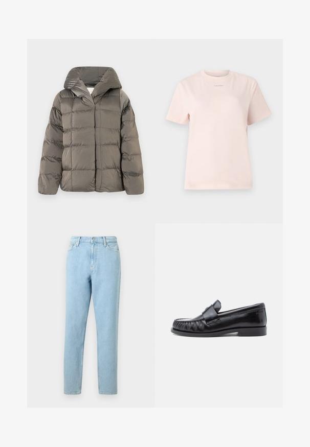 Veste de doudoune grise matelassée avec grande capuche et fermeture à pression à l'avant, présentée sur un fond blanc uni.; T-shirt en coton rose clair avec un col rond, des manches courtes et un petit logo "Calvin Klein" imprimé dans une couleur assortie sur la poitrine.; Jeans en denim bleu clair avec une coupe droite, design à cinq poches et fermeture à bouton. Présente un léger dégradé et une texture lisse.; Mocassins en cuir noir avec un bout arrondi, une couture distinctive et une bride décorative sur le cou-de-pied. Finition lisse et talon bas.