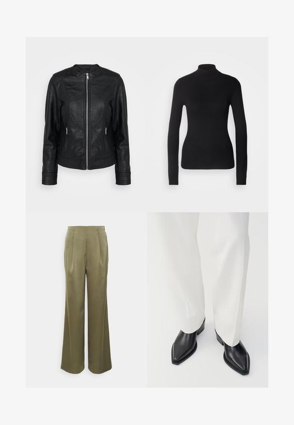 Chaqueta de cuero negra con cierre frontal, dos bolsillos delanteros con cremalleras, acentos texturizados en los hombros y puños de manga acanalados.; Suéter negro de cuello alto hecho de un tejido de punto ligero. Presenta mangas largas, un diseño ajustado y una suave textura acanalada.; Anna Field Pantalones - olive; Botas de tobillo negras con punta afilada y acabado de cuero liso, con tacones bajos y bloque, combinadas con pantalones blancos de pierna ancha. Diseño simple y moderno.