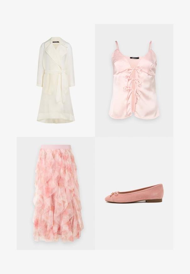 Trench-coat ivoire clair en tissu transparent, doté d'un col, de manches longues, d'une ceinture à la taille et de deux poches avant.; Camisole en satin rose avec des bretelles spaghetti réglables, dotée d'une fermeture à nouer à l'avant avec des anses et d'un décolleté en V. Texture lisse et lignes épurées.; Jupe midi en tulle rose à couches avec motif floral et taille élastique, présentant des textures douces et volantées.; Ballerine plate en daim rose doux avec petit nœud et accent doré sur l'avant arrondi, talon bas et semelle lisse.