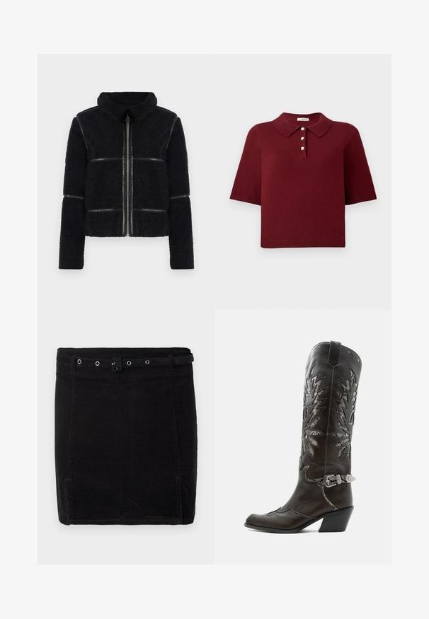 Schwarze Fleecejacke mit hohem Kragen, Frontreißverschluss und glatten Lederelementen. Verfügt über eine strukturierte Oberfläche und eine definierte Silhouette.; Burgunderfarbener Strick-Polo-Shirt mit kurzen Ärmeln, klassischem Kragen und einer Knopfleiste mit vier runden weißen Knöpfen.; Schwarzer Cordrock mit taillierter Passform, ausgestattet mit einem Gürtel, silbernen Beschlägen und dezentem vertikalem Ripp-Textur.; Schwarzer Leder-Cowboystiefel mit dekorativen Ausschnitten, silberner Schnalle und schräger Ferse, auf weißem Hintergrund dargestellt.