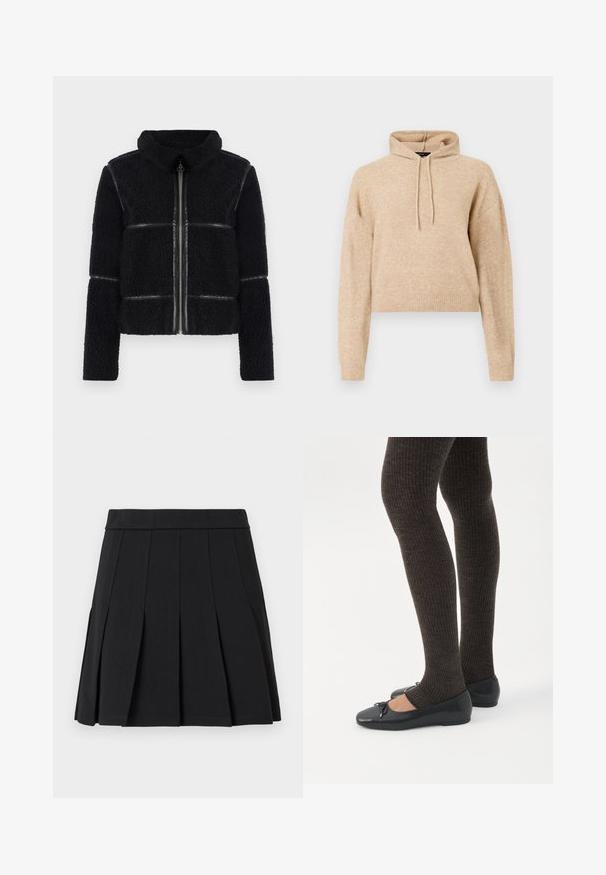 Zwarte fleecetrui met een hoge kraag, ritssluiting aan de voorkant en gladde leren accenten. Heeft een gestructureerd oppervlak en een gestructureerde silhouet.; Beige cropped gebreid hoodie met lange mouwen en een capuchon met trekkoord, weergegeven op een witte achtergrond.; Zwarte geplooide rok gemaakt van een glad materiaal. Voorzien van een brede tailleband en meerdere verticale mesplooien.; Benen met donkere geribbelde leggings gecombineerd met zwarte ballerina's met kleine strikdetails op een witte achtergrond.