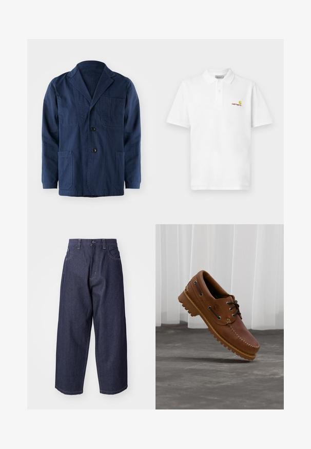 Chaqueta de algodón azul marino con cuello de pico, dos bolsillos frontales de parche, un bolsillo en el pecho y tres cierres de botón.; Camisa polo blanca de algodón, con una tapeta de tres botones, mangas cortas y un logo de Carhartt en amarillo y rojo en el lado izquierdo del pecho.; Jeans de mezclilla azul oscuro con un diseño suelto y de pierna ancha. Las características incluyen un cierre de botón, bolsillos frontales y acentos de costura visibles.; Zapato náutico de cuero marrón con cordones negros, costuras beige y una suela resistente, suspendido sobre un suelo de hormigón gris.