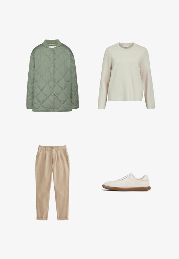 Chaqueta acolchada en verde oliva, con cuello redondo, botones a presión y una textura suave y acolchada con patrones de costura ondulados.; Suéter de manga larga beige claro con cuello redondo. Fabricado en material de punto texturizado, con hombros ligeramente caídos y un corte relajado.; Chinos beige hechos de una tela de algodón ligera. Presentan una pierna ajustada, pliegues frontales, bolsillos laterales y puños enrollados. Textura cepillada.; Zapatillas color beige claro hechas de una tela suave con una textura lisa. Punta redondeada, seis ojales y una suela de goma marrón flexible.