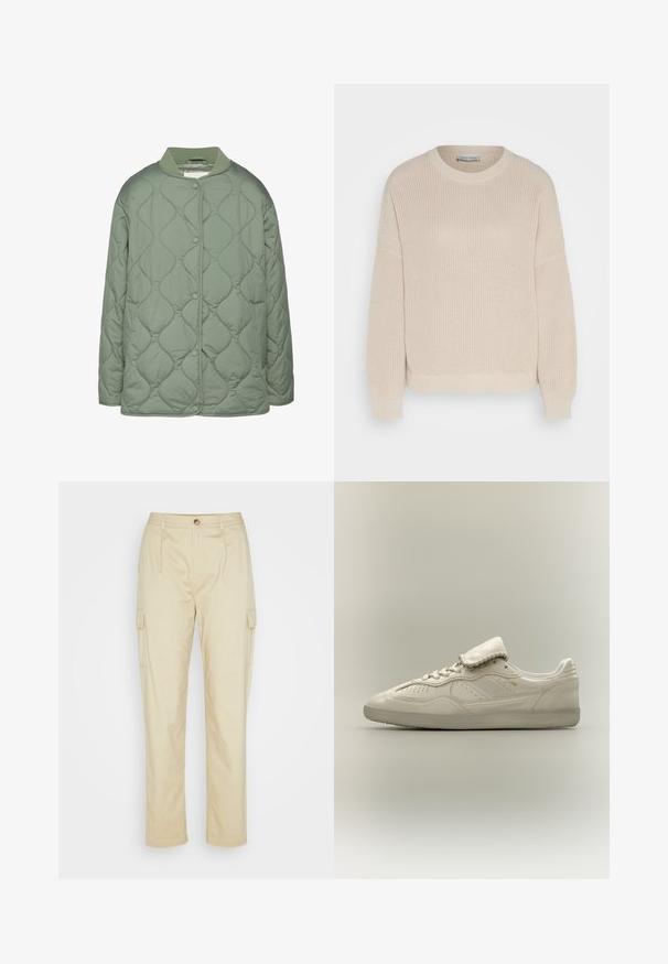 Chaqueta acolchada en verde oliva, con cuello redondo, botones a presión y una textura suave y acolchada con patrones de costura ondulados.; Anna Field Jersey de punto - grey; Anna Field Pantalones cargo - beige; Zapatilla baja blanca con suela texturizada, cierre con cordones en la parte delantera, lengüeta acolchada y sutil marca dorada en el lateral, mostrada sobre un fondo neutro.