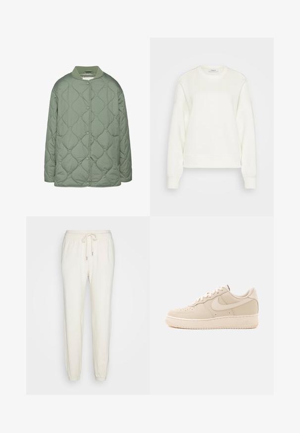 Steppjacke in Olivgrün mit Rundhalskragen, Druckknöpfen und einer glatten, gepolsterten Textur mit wellenförmigen Steppmustern.; Crewneck-Sweatshirt in Off-White, aus weichem Baumwollmix gefertigt. Mit langen Ärmeln, lockerer Passform sowie geripptem Saum und Ärmelbündchen.; aerie TWIST SEAM JOGGER - Jogginghose - toasted coconut; Beiger niedriger Nike Air Force 1 Sneaker mit Schnürverschluss und Perforationen im Zehenbereich vor einfarbigem Hintergrund.