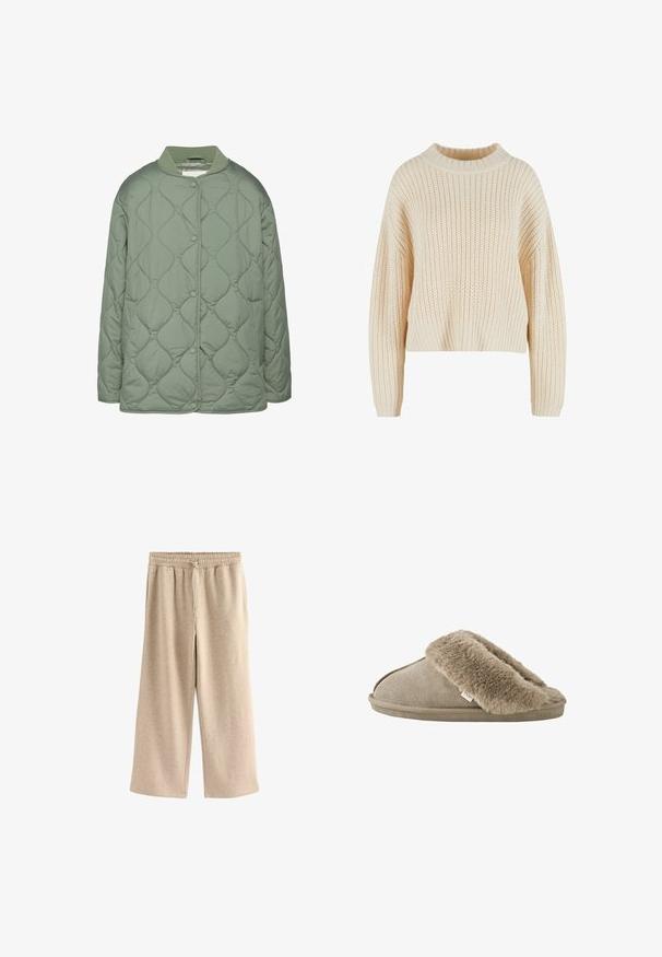 Chaqueta acolchada en verde oliva, con cuello redondo, botones a presión y una textura suave y acolchada con patrones de costura ondulados.; Suéter de punto crema con un alto cuello acanalado, mangas anchas y un patrón texturizado en toda su superficie. Diseño corto con dobladillo acanalado.; Pantalones de pierna ancha color crema, hechos de una suave mezcla de algodón. Presentan una cintura elástica con cordón y una sutil textura moteada.; Zapatilla beige sin talón con forro interior de suave piel sintética alrededor de la abertura y suela exterior con apariencia de ante.