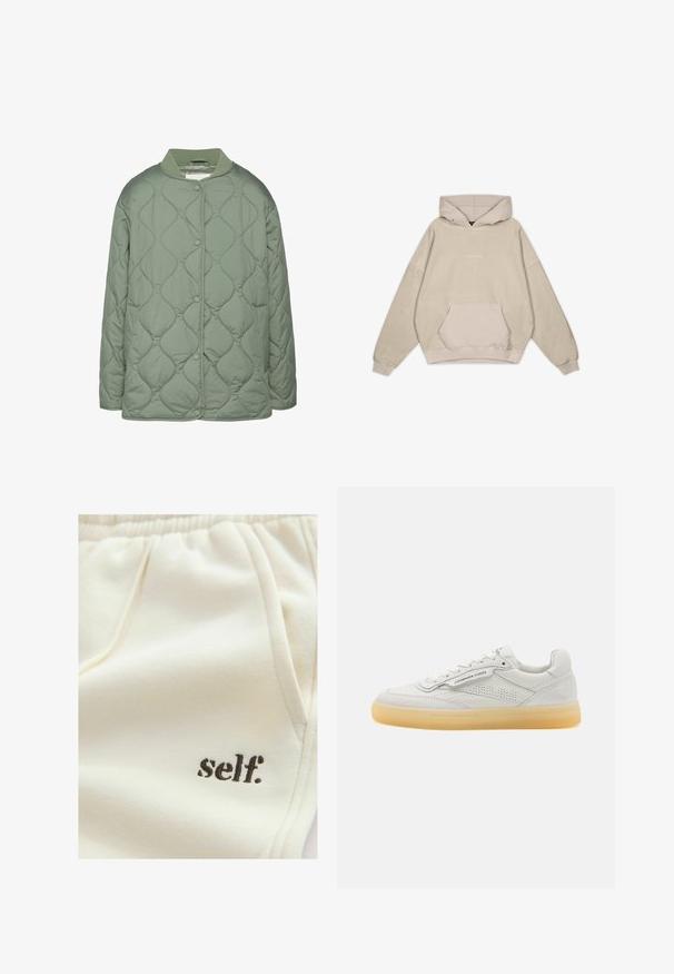 Chaqueta acolchada en verde oliva, con cuello redondo, botones a presión y una textura suave y acolchada con patrones de costura ondulados.; Sudadera con capucha beige de corte relajado, bolsillo tipo canguro, mangas con puños y una textura suave. Presenta un sutil logotipo en la parte frontal.; Pantalones deportivos beige con un ajuste relajado, cintura elástica, bolsillos y un pequeño logo negro 'self.' en el lado izquierdo. Textura suave.; Zapatilla de cuero blanca con acentos perforados, punta redonda y suela de goma crema. Presenta costuras tonales y un diseño minimalista.