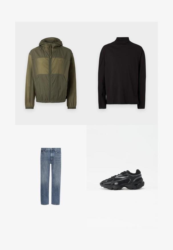 Veste à capuche légère en olive avec un zip sur le devant, des poignets élastiques et deux poches avant ; arbore un tissu texturé et un détail de logo.; Haut à col roulé noir à manches longues en tissu doux et lisse, avec une coupe décontractée et sans motifs ni accents visibles.; Jean en denim bleu à jambes droites, avec poches avant, passants de ceinture et fermeture par bouton.; Baskets de sport noires avec tige en mesh et synthétique. Comprend une semelle texturée, des accents réfléchissants et un talon renforcé.