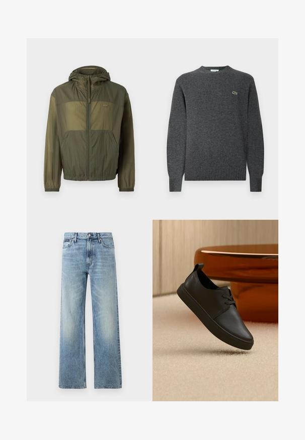 Letvægtig olivengrøn jakke med hætte, lynlås foran, elastiske manchetter og to forbagerlommer; har en tekstureret stof og logo detalje.; Grå strikket sweater med rund halsudskæring, ribbede manchetter og kant. Har et lille grønt Lacoste-logo på brystet. Blød tekstur.; Lyseblå denim jeans med lige ben, højt talje, fem lommer, knaplukning og diskrete falmede områder på lår og knæ.; Sort lædersneaker til hverdag med snørebånd, svævende over beige tæppe med et rundt bord af ravfarvet glas i baggrunden.