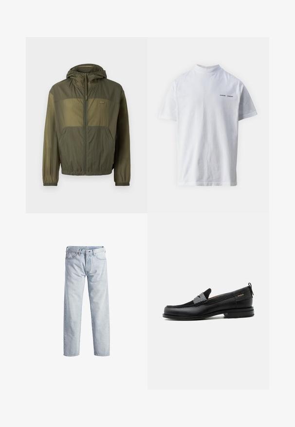 Letvægtig olivengrøn jakke med hætte, lynlås foran, elastiske manchetter og to forbagerlommer; har en tekstureret stof og logo detalje.; Hvid bomulds t-shirt med høj halsudskæring og korte ærmer. Har "SAMSØE SAMSØE" logo i sort på forsiden. Glat tekstur.; Lys blå denim jeans med lige ben, knaplukning, fem lommer og subtilt falmet tekstur. Har metal hardware detaljer.; Sort læderloafer med grå remdetalje, lav hæl og tekstureret sål, mærket med "HUGO" i guld på siden.