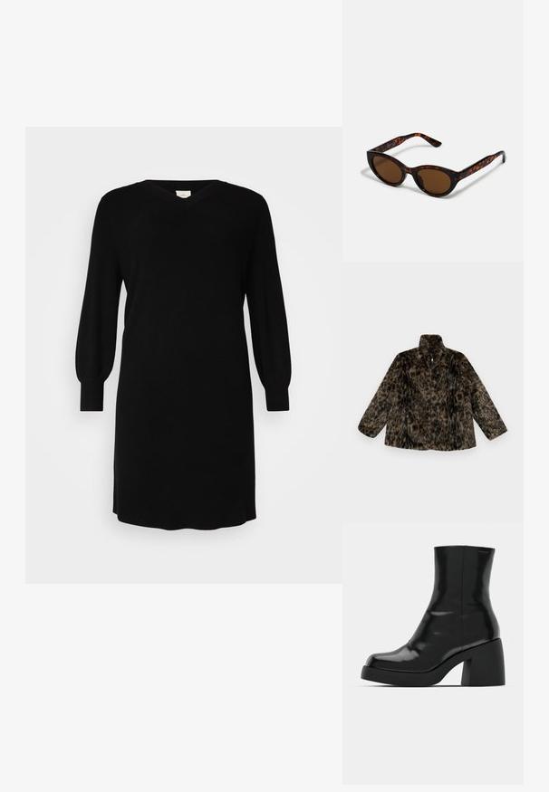 Faux fur zip-up jakke i brun og sort leopardprint; har en høj krave og en løs pasform med lange, brede ærmer.; Sort strikket kjole med V-udskæring, lange ballonærmer og ribbede manchetter. Simpelt design med lige snit og knælangt længde.; Sorte ankelstøvler med en blank finish, firkantet tå og en tyk blokhæl. Designet har en strømlinet silhuet og minimal branding.; Brune skildpadde solbriller med en vintage katteøje-form og brune linser. Har buede arme med røde detaljer.