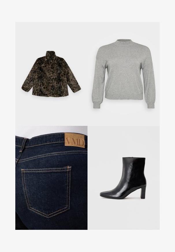 Faux fur zip-up jakke i brun og sort leopardprint; har en høj krave og en løs pasform med lange, brede ærmer.; Lysegrå strikket sweater med lange ærmer, ribbestrikket rund hals, manchetter og kant, præsenteret på en hvid baggrund.; Mørkeblå denimjeans med synlige orange syninger og en brun læderlap med mærket "VMD" over den bageste højre lomme.; Sorte ankelstøvler lavet af blank læder, med spidse tæer og en mellemstor blokhæl, med en glat tekstur og et enkelt design.