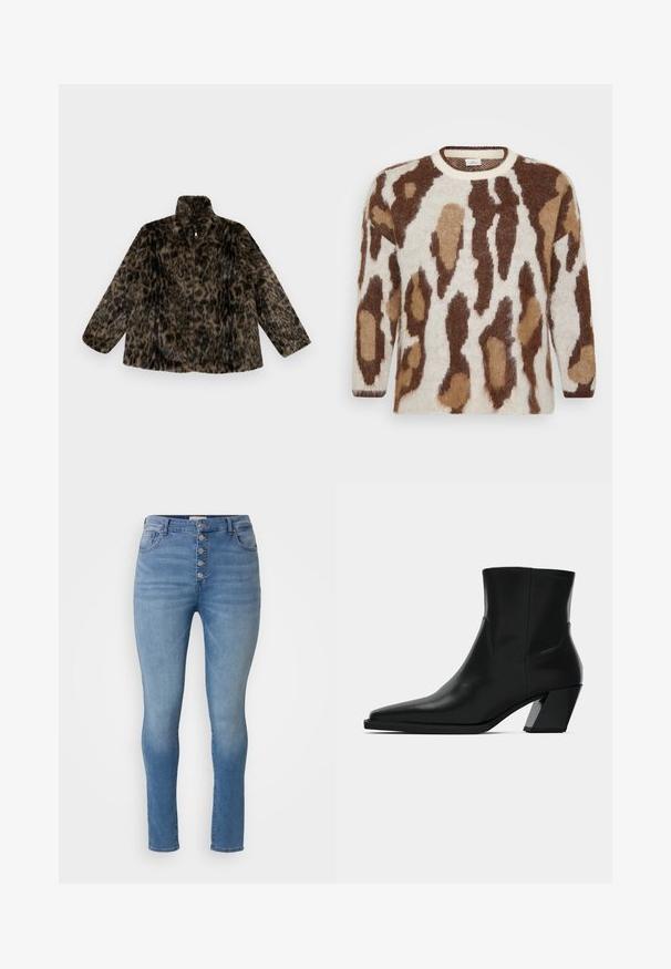 Faux-Fur-Jacke mit Reißverschluss in braunem und schwarzem Leopardenmuster; hat einen hohen Kragen und eine lockere Passform mit langen, weiten Ärmeln.; Strickpullover mit cremefarbener Basis und braunem sowie beigem Tiermotiv. Runder Halsausschnitt, lange Ärmel, weicher Stoff und lockere Passform.; ONLY Carmakoma CARHUSH MID BUTTON BOX - Jeans Skinny Fit - light blue; Schwarze Leder-Stiefelette mit spitzem Zeh, schlanker Silhouette und klobigem quadratischem Absatz. Glatte Textur mit minimalen Nähdetails.