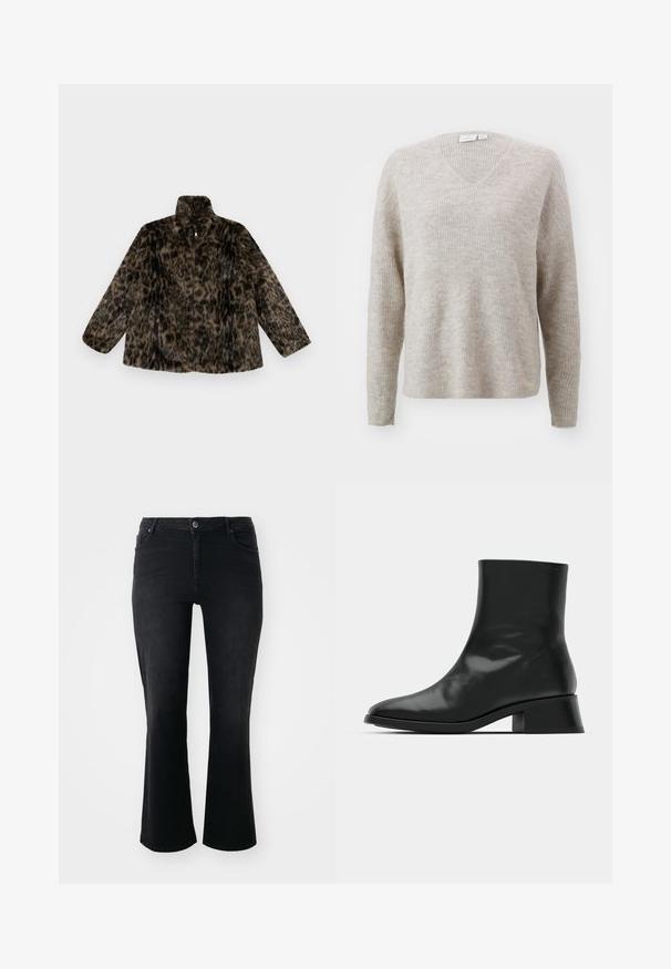 Faux-Fur-Jacke mit Reißverschluss in braunem und schwarzem Leopardenmuster; hat einen hohen Kragen und eine lockere Passform mit langen, weiten Ärmeln.; Beige V-Ausschnitt-Pullover aus strukturiertem Rippenmaterial, mit langen Ärmeln und lockerer Passform. Gesamtweichheit mit subtilen Mustern.; Schwarze Denim-Jeans mit mittelhohem Bund, vorderem Knopf, zwei Vorder- und zwei Hintertaschen sowie weiter Schnitt.; Schwarze Ankle Boots aus glänzendem Leder, mit einem eleganten Design, spitzer Zehenpartie und einem moderaten Blockabsatz für Stabilität.