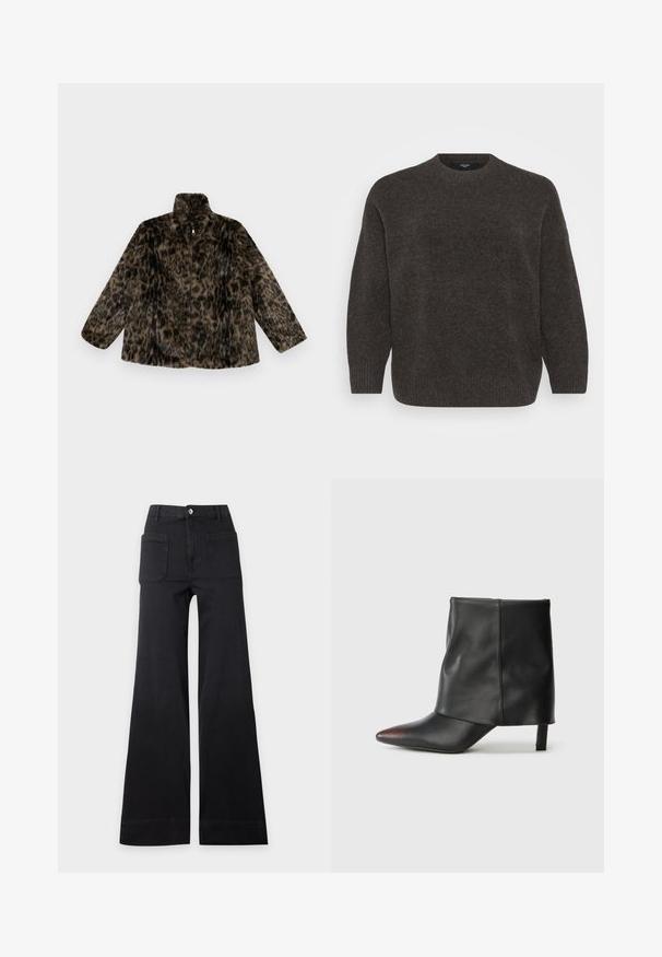 Faux-Fur-Jacke mit Reißverschluss in braunem und schwarzem Leopardenmuster; hat einen hohen Kragen und eine lockere Passform mit langen, weiten Ärmeln.; Vero Moda Curve Knitted VMCBOOM Knitted - Strickpullover - chocolate torte melange; Schwarze, hoch taillierte, weit geschnittene Hose mit aufgesetzten Fronttaschen und Knopfverschluss, flach auf einem einfarbigen hellen Hintergrund liegend.; Schwarzer Knöchelstiefel aus glattem Leder mit spitzer Zehenpartie und schmalem Absatz. Das Obermaterial zeichnet sich durch ein leicht gerafftes Design aus.