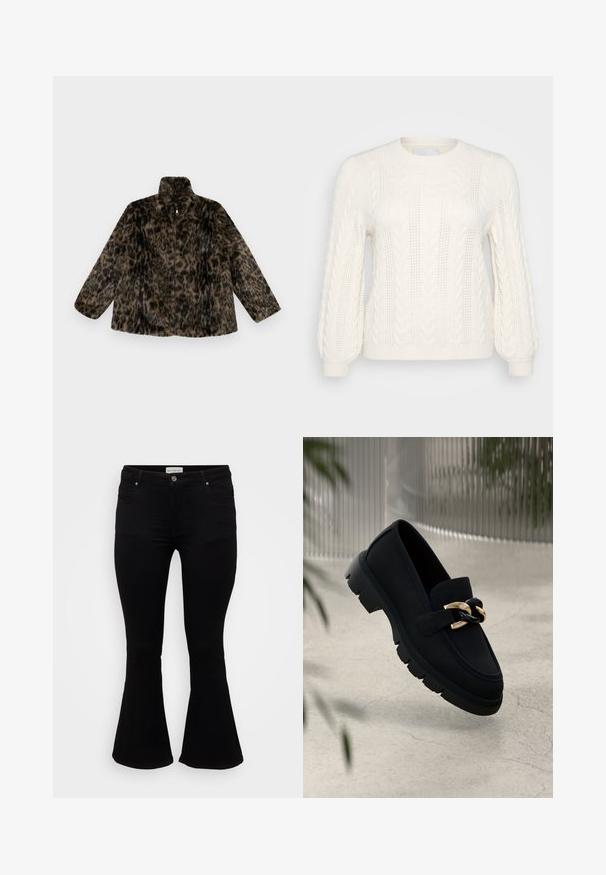 Faux fur zip-up jakke i brun og sort leopardprint; har en høj krave og en løs pasform med lange, brede ærmer.; Hvid kabelstrikket sweater med lange ærmer, rundt halsudskæring, struktureret mønster og ribbede manchetter. Letvægtsmateriale med dekorative detaljer.; Sorte flare jeans lavet af blød denim, med en tætsiddende talje, frontlommer og en flagrende kant for en afslappet pasform.; Sorte lædermokkasiner med en kraftig sål, der har en guldfarvet og sort kæde som udsmykning foran. Glat tekstur og rund form.