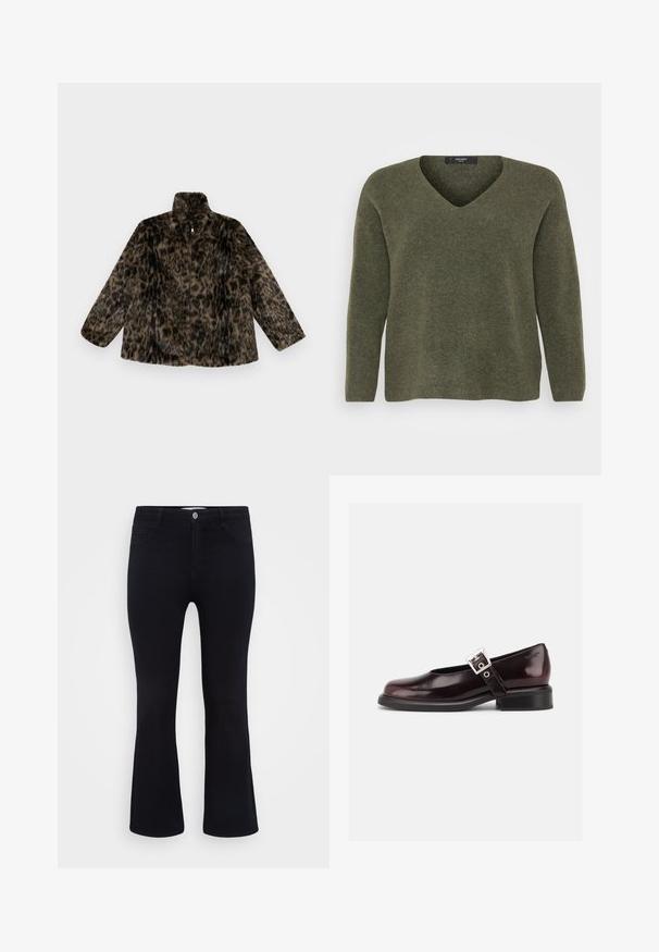 Faux-Fur-Jacke mit Reißverschluss in braunem und schwarzem Leopardenmuster; hat einen hohen Kragen und eine lockere Passform mit langen, weiten Ärmeln.; Olivgrüner V-Ausschnitt-Pullover aus weichem Strickmaterial, mit langen Ärmeln und lässiger Passform, subtilem Muster und geripptem Saum.; ONLY Carmakoma Flared fit CARTHUNDER Mid waist - Flared Jeans - black denim; Ein einzelner glänzender dunkelburgunder Mary Jane Schuh mit breitem Riemen und silberner Schnalle, niedrigem Blockabsatz und abgerundeter Spitze auf weißem Hintergrund.