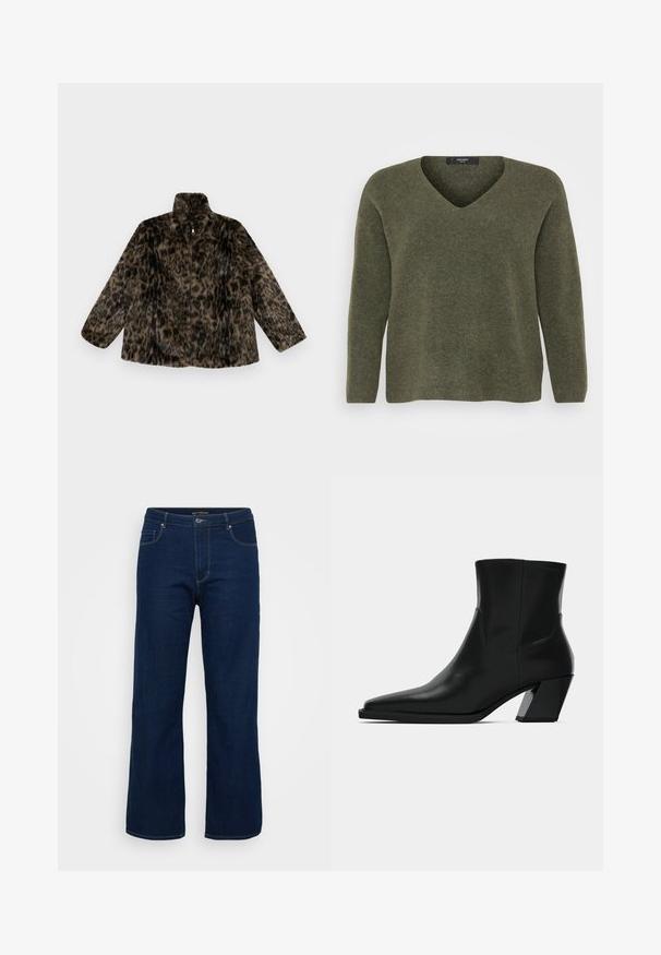 Faux-Fur-Jacke mit Reißverschluss in braunem und schwarzem Leopardenmuster; hat einen hohen Kragen und eine lockere Passform mit langen, weiten Ärmeln.; Olivgrüner V-Ausschnitt-Pullover aus weichem Strickmaterial, mit langen Ärmeln und lässiger Passform, subtilem Muster und geripptem Saum.; Dunkelblaue Denim-Jeans mit geradem Schnitt, ausgestattet mit einem Reißverschluss, fünf Taschen und sichtbaren Nähten.; Schwarze Leder-Stiefelette mit spitzem Zeh, schlanker Silhouette und klobigem quadratischem Absatz. Glatte Textur mit minimalen Nähdetails.