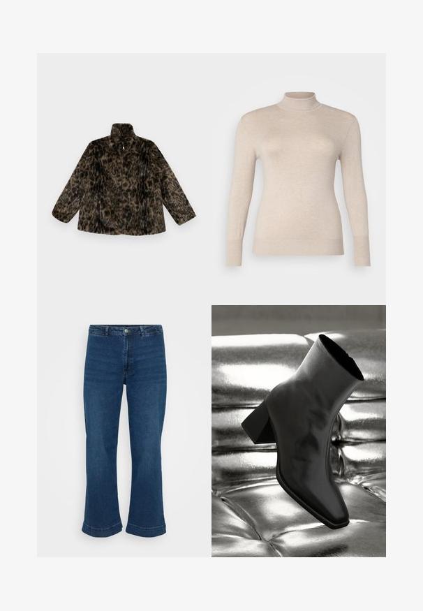 Faux fur zip-up jakke i brun og sort leopardprint; har en høj krave og en løs pasform med lange, brede ærmer.; Beige højhalset sweater lavet af et blødt stof, med lange ærmer og ribbede manchetter. Glat tekstur uden mønstre eller udsmykninger.; Højtaljede blå jeans med lige ben og bred kant, lavet af denim. Har et klassisk fem-lomme design og lukning med metalknap.; Sorte ankelstøvler lavet af glossy materiale med firkantet tå og spidse hæle, sat mod en skinnende sølv tuftet baggrund.