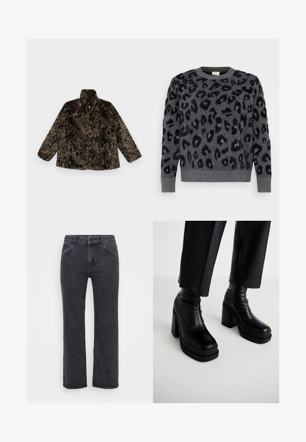 Faux fur zip-up jakke i brun og sort leopardprint; har en høj krave og en løs pasform med lange, brede ærmer.; Grå sweater med sorte leopardpletter, med rund halsudskæring og ribbede ærmer, lavet af et blødt, struktureret materiale.; Sorte denim jeans med lige ben design, fem lommer og knaplukning. Stoffet har en let falmet tekstur og robust syning.; Sorte læderplatform ankelstøvler med en høj blokhæl og glat tekstur. Har syningsdetaljer og et tætsiddende design.