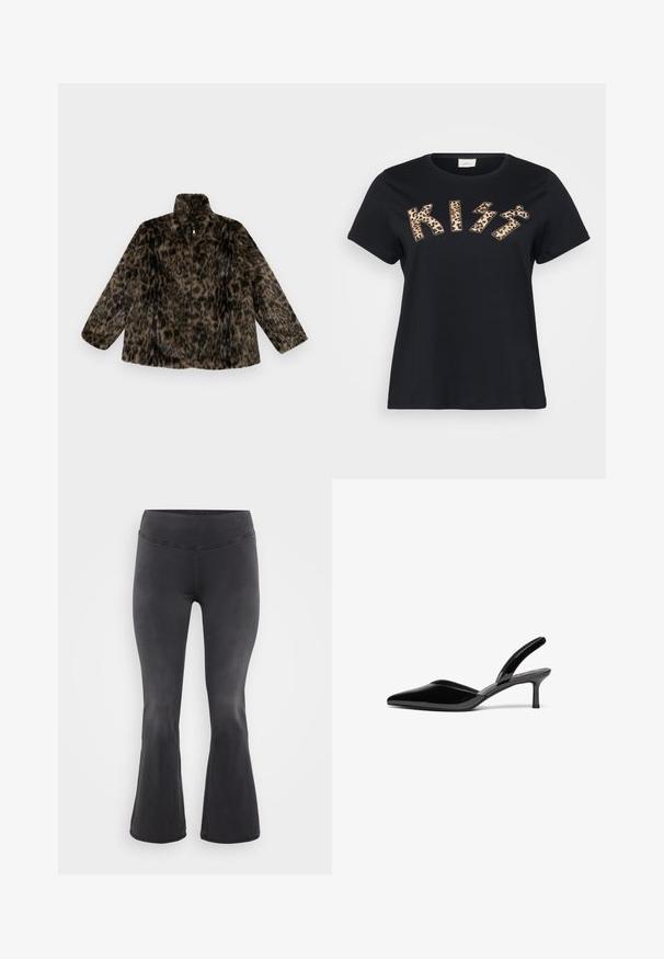 Faux-Fur-Jacke mit Reißverschluss in braunem und schwarzem Leopardenmuster; hat einen hohen Kragen und eine lockere Passform mit langen, weiten Ärmeln.; Schwarzes Baumwoll-T-Shirt mit "KISS" im Tiermotiv mit Leopardenmuster, kurzen Ärmeln und rundem Halsausschnitt.; ONLY Carmakoma Flared fit CARROYAL Mid waist - Flared Jeans - washed black; Schwarze Lackleder-Slingback-Pumps mit spitzem Fuß, niedrigem Stiletto-Absatz und einem eleganten, schlichten Design ohne Verzierungen.
