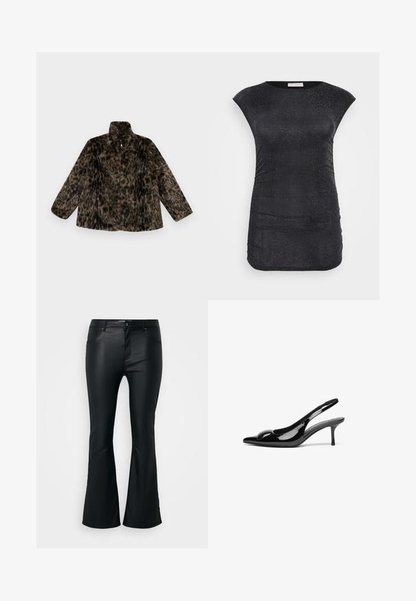 Faux fur zip-up jakke i brun og sort leopardprint; har en høj krave og en løs pasform med lange, brede ærmer.; Sort kortærmet top lavet af struktureret, glitrende stof med rynkedetaljer på siden; rund halsudskæring; tætsiddende silhuet.; Sorte, flagrende bukser lavet af et glat, skinnende materiale. Har fem lommer, bæltestropper og en lynlås med knaplukning.; Sorte laklæder slingback hæle med spidse tæer og en blank finish. Har en slank hæl og en rund detalje ved vampen.