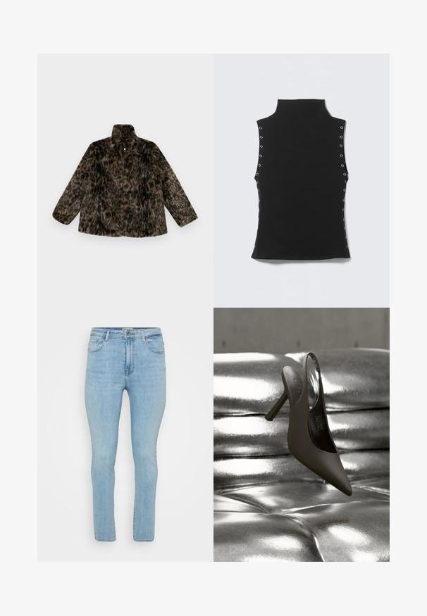 Faux fur zip-up jakke i brun og sort leopardprint; har en høj krave og en løs pasform med lange, brede ærmer.; Sort ærmeløs top med høj hals og sølvfarvede huller langs siderne, lagt fladt på en lys baggrund.; Lyseblå denimjeans med slim fit, der har fem lommer, bæltestropper og en standard lynlås med knaplukning.; Sort spids tå højhælede slingback-sko, der hviler på en skinnende, metallisk sølv tuftet overflade.
