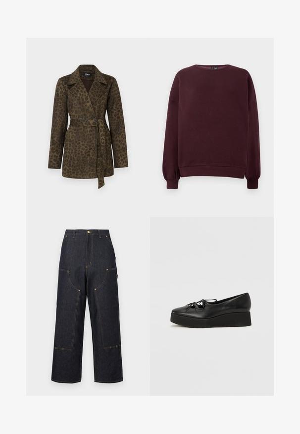Leopardmønstret, olivengrøn trenchcoat med indpakningsdesign, stort krave, lange ærmer og bælte i taljen. Har dobbelt knaplukning.; Bordeaux sweatshirt lavet af blødt stof, med rund hals, lange ærmer og ribbede manchetter. Ensartet design uden mønstre eller accenter.; Mørkeblå vidde jeansbukser med flere lommer foran, kontrastfarvet orange syning og lukning med knap i taljen.; Sorte læder platform sko med en rund tå, udstyret med en flad sort sål og dekorativ sløjfelacing foran.